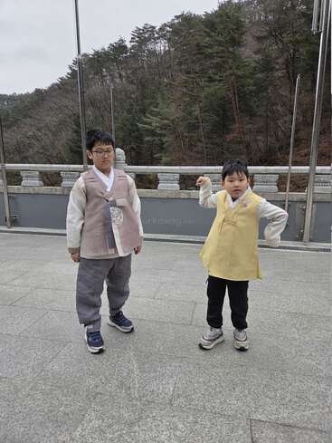 Two children wearing traditional Korean hanbok stand on a paved area by a railing, with a forested hillside and cloudy sky in the background, posing calmly.
