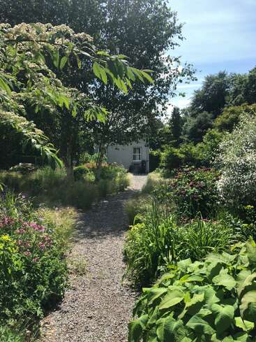 The image depicts a serene garden path leading to a house, flanked by lush greenery and vibrant flowers, set against a bright blue sky with white clouds.