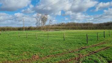 Un amplio campo verde con una sencilla valla de alambre y huellas de neumáticos. Los árboles se alzan en el horizonte, bajo un cielo azul parcialmente nublado con cables eléctricos por encima.