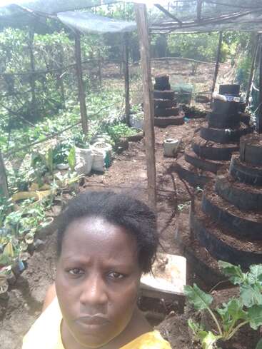 Une femme se tient dans un jardin ombragé avec des plantes en pot, des structures de plantation à plusieurs niveaux, des poteaux en bois et un filet au-dessus de sa tête, entourée de verdure et de terre.