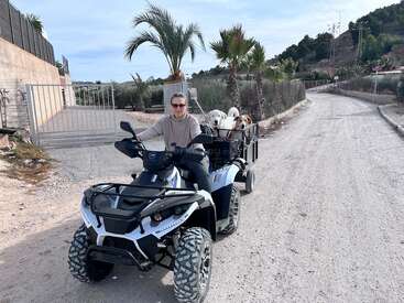 Eine Person fährt ein ATV auf einer unbefestigten Straße, während zwei weiße Hunde in einem Anhänger mitfahren. Im Hintergrund sind Palmen und Hügel zu sehen.