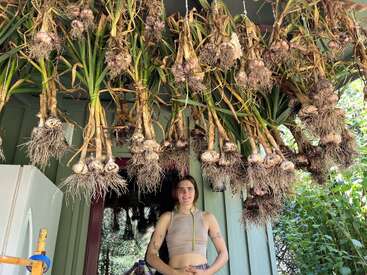 Das Bild zeigt eine Frau, die vor einem Haus steht, umgeben von zahlreichen Knoblauchpflanzen, die vom Dach herabhängen und ihre Zwiebeln und Wurzeln zur Schau stellen.