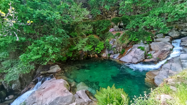 Ein atemberaubender Naturpool mit kristallklarem, türkisfarbenem Wasser, umgeben von üppigem Grün, moosbedeckten Felsen, einem kleinen Wasserfall und einer ruhigen, friedlichen Atmosphäre.