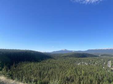 Une immense forêt verdoyante s'étend à perte de vue, menant à des montagnes aux sommets enneigés sous un ciel d'un bleu éclatant, avec de petites maisons nichées dans la verdure en contrebas.