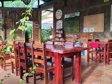 This image shows a cozy, open-air study or dining area with wooden tables, chairs, wall posters, books, plants, bamboo dividers, and bright natural light.