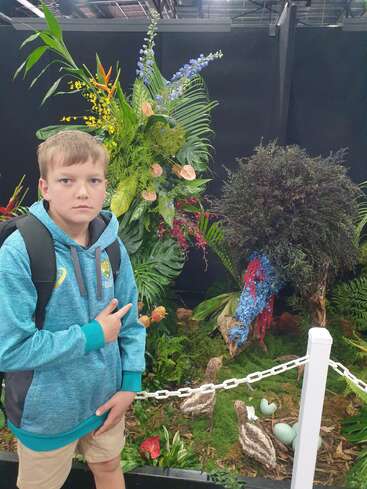 Um menino com capuz azul posa ao lado de uma exposição criativa da natureza com uma escultura colorida semelhante a um pássaro, três pintinhos, ovos falsos e plantas tropicais exuberantes.