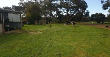 Une grande cour verdoyante avec des arbres épars, des plantes en pot et des outils de jardinage. Il y a un hangar métallique sur la gauche et un ciel ouvert au-dessus. L'atmosphère est paisible.