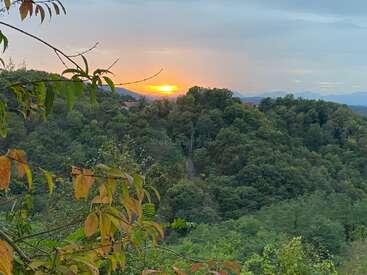 A imagem retrata um pôr do sol sereno sobre uma floresta exuberante, com árvores e folhagens em primeiro plano e montanhas distantes sob um céu nublado.
