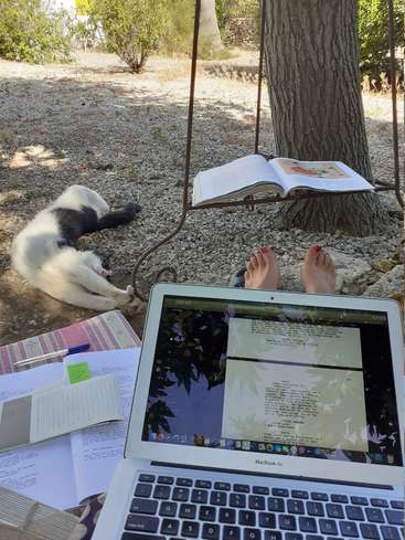 Das Bild zeigt einen Laptop auf einem Tisch im Freien, auf dem die Füße einer Person zu sehen sind, umgeben von Papieren und einem Hund, der in der Nähe auf dem Boden liegt.