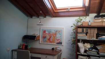 This cozy home office features a wooden desk, chair, wall art, a slanted ceiling with a skylight, bookshelf, hanging plant, and ample natural light.