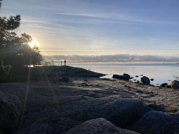 A serene coastal scene at sunrise, with rocky shoreline, calm water, and a solitary person standing on a hill, framed by trees and a glowing sky.