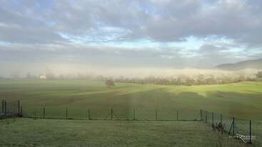 A serene landscape with a green field, partially covered in morning mist. Trees and distant hills fade into the fog beneath a partly cloudy sky. Peaceful atmosphere.