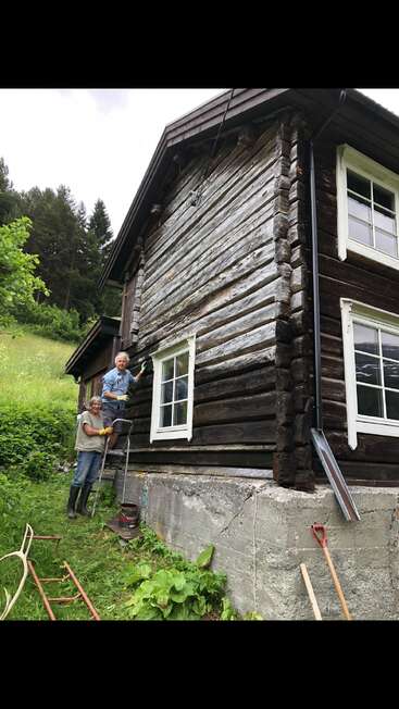 Zwei Leute stehen auf einer Leiter und arbeiten an der Außenfassade einer alten Blockhütte. Das Haus ist von Grünpflanzen und Gartengeräten umgeben.