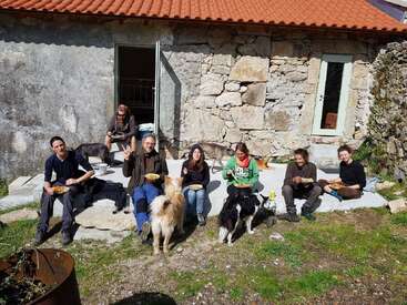 The image depicts a group of people and dogs sitting on the ground outside a stone house, enjoying a meal together on a sunny day.