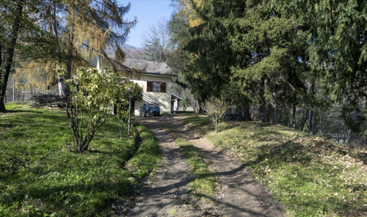 Ein kleines Haus liegt eingebettet zwischen hohen Bäumen. Ein schmaler Feldweg führt zum Eingang. Üppiges Grün umgibt die ruhige, friedliche ländliche Umgebung.