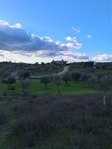 Paisaje rural con campos verdes, árboles dispersos y un sinuoso camino de tierra que conduce a las casas de una colina, bajo un cielo espectacular con nubes esponjosas. Una escena apacible.