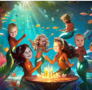 Five mermaids with children's faces are underwater, surrounded by colorful fish. They sit around a table with candles, in a magical, sunlit ocean scene.