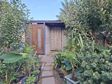 Un jardin luxuriant, parsemé de diverses plantes vertes en pot, entoure un chemin pavé menant à des cabanes rustiques en bois et en métal, dont l'une porte l'inscription « TOILET » sous un ciel bleu.