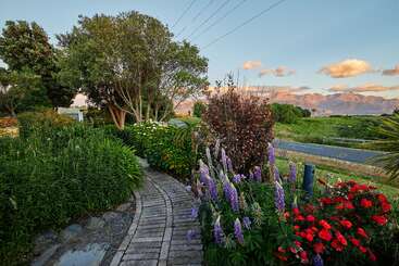 Um caminho sinuoso de tijolos conduz a um jardim exuberante repleto de flores vibrantes e vegetação, com árvores, montanhas, céu azul e nuvens fofas ao fundo.