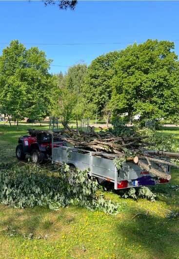 A red ATV pulls a trailer loaded with cut branches and logs in a grassy, sunny area surrounded by lush green trees and a bright blue sky.