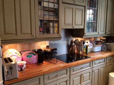 The image depicts a kitchen with a wooden countertop, grey cabinets, and a black stove top, featuring various appliances and utensils.