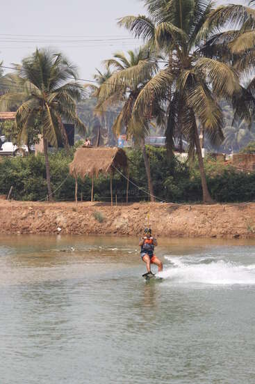 A person wakeboarding on a calm river, surrounded by lush green palm trees and a rustic hut, creating a tropical, adventurous, and lively outdoor atmosphere.