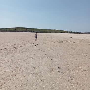 Une personne se tient seule sur une immense plage de sable, sous un ciel bleu limpide. Au loin, des collines verdoyantes se dessinent à l'arrière-plan, et des empreintes de pas parsèment le sable.