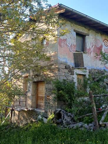Esta imagen muestra una antigua casa de piedra con coloridos murales, parcialmente oculta por los árboles. Un panel solar, plantas que crecen desbordadas, una verja rústica de madera y la luz brillante del sol completan la escena.
