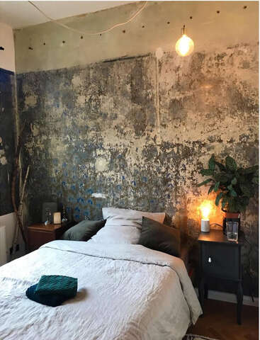 Une chambre à coucher confortable présente un mur texturé et vieilli, un décor minimaliste, une literie douce, deux lampes lumineuses, une plante feuillue, une table de nuit en bois et une ampoule apparente.