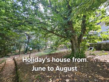 A lush, green garden with large trees, dappled sunlight, and a cozy house visible on the right. Text reads: “Holiday’s house from June to August.”