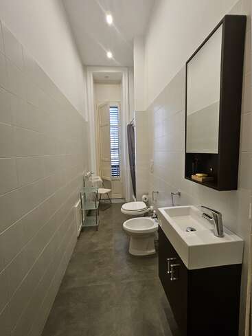 This is a long, narrow bathroom with modern fixtures, including a sink, bidet, toilet, mirror cabinet, glass shelf, chair, and window at the end.