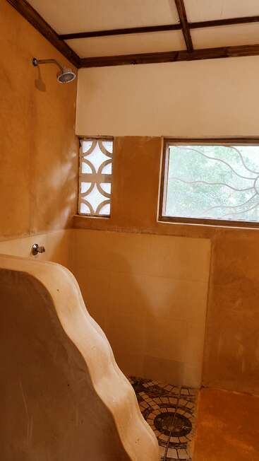 This rustic bathroom features a curved, organic divider, a simple showerhead, earth-toned walls, patterned window blocks, mosaic tile floor, and natural light from large windows.