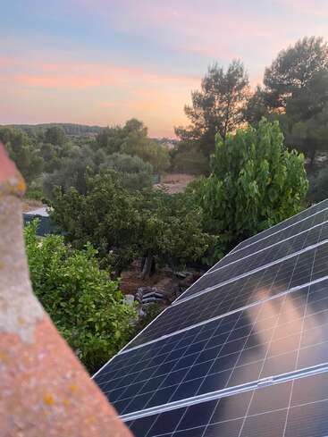 The image shows solar panels installed on a rooftop surrounded by lush green trees, with a beautiful pink and blue sunset sky in the background.
