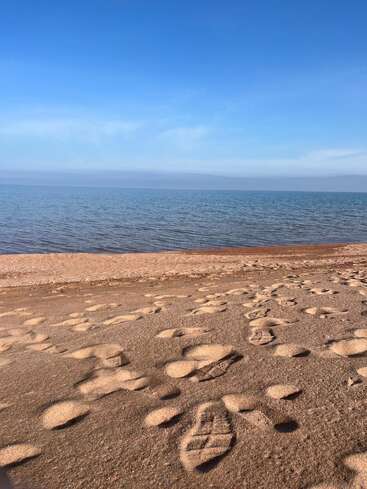 Una tranquila escena de playa con un cielo azul claro, aguas tranquilas y una orilla arenosa cubierta de numerosas huellas, lo que sugiere que recientemente han pasado por allí visitantes que han disfrutado de ese entorno apacible.