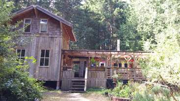 A rustic wooden house sits nestled among tall trees, featuring a porch adorned with potted plants and surrounded by lush greenery, exuding a peaceful, cozy vibe.