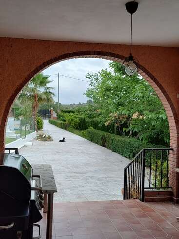 Une terrasse couverte, surmontée d'une arche en briques, donne sur un chemin pavé, des buissons verdoyants, des arbres, un barbecue et un chat noir qui se repose au loin, à l'extérieur.