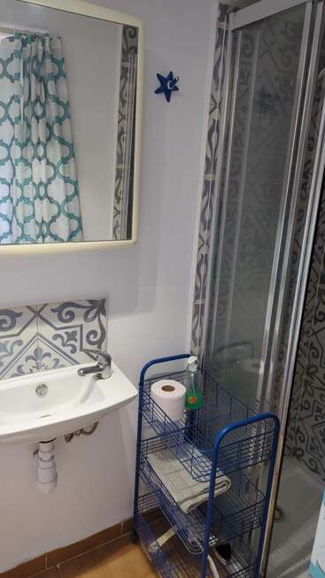 Cette salle de bains comprend un petit lavabo blanc, des carreaux décoratifs à motifs, une douche vitrée avec des carreaux assortis, une étagère en métal bleue, des articles de toilette, un miroir et un crochet en forme d'étoile.