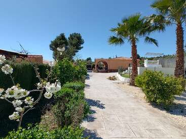 Un sentier de jardin baigné de soleil, bordé de fleurs épanouies, de palmiers et d'une végétation luxuriante, mène à une maison de style méditerranéen sous un ciel d'un bleu limpide. Une atmosphère paisible.