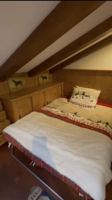 Cette chambre mansardée confortable est dotée d'un plafond en bois incliné avec des poutres apparentes, d'un lit double avec une literie à thème alpin, d'armoires en bois et d'œuvres d'art représentant des chevaux, ce qui lui confère un charme rustique.