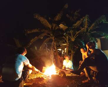 Four people sit around a glowing campfire at night, surrounded by large tropical plants. The atmosphere is warm, relaxed, and illuminated by the fire’s light.