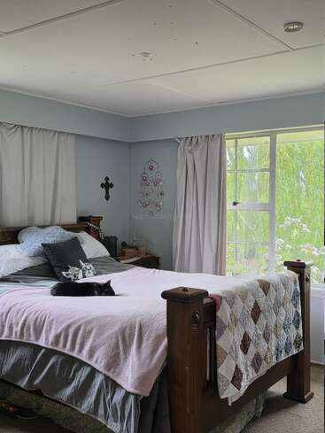 Um quarto aconchegante com paredes azuis suaves, cama de madeira, roupa de cama em tons pastéis e travesseiros decorativos. Um gato preto descansa na cama perto de uma grande janela.