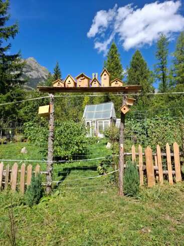 Ein bezaubernder Garteneingang mit Holzpfosten und Vogelhäuschen führt zu einem Gewächshaus, das von einem Lattenzaun, üppigem Grün und einer Bergkulisse unter strahlend blauem Himmel umgeben ist.