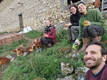 Four people sit and smile outdoors near a stone building, holding drinks. Several chickens forage beside them on green grass. The atmosphere is relaxed and cheerful.