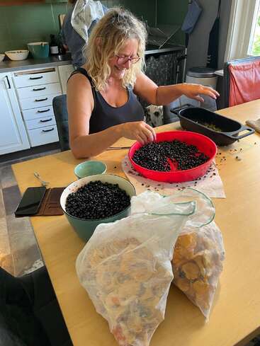 A woman with blonde hair and glasses sorts blackberries at a kitchen table, surrounded by bowls, bags of mushrooms, and household items, smiling happily.
