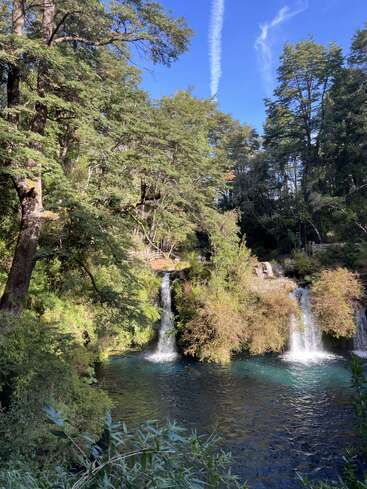 Sunlight shines through tall, green trees onto a serene scene with cascading waterfalls flowing into a clear, blue pool, under a bright blue sky with wispy clouds.
