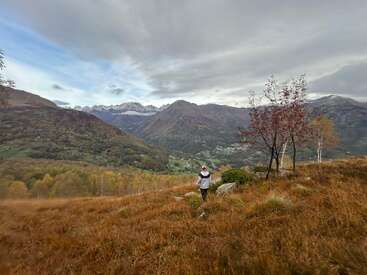 Una persona camina por un campo otoñal, rodeado de hierbas y árboles de colores, con grandes montañas y un cielo nublado que crean un telón de fondo dramático y pintoresco.