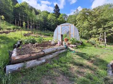 Eine üppige Gartenszene mit Hochbeeten aus Holz, einem kleinen Gewächshaus-Tunnel, verschiedenen Pflanzen, Gartengeräten und umliegenden Bäumen unter strahlend blauem Himmel.
