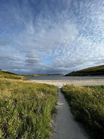 Ein schmaler Weg geht durch hohes grünes Gras und führt zu einem weit entfernten Sandstrand und ruhigem blauem Wasser. Oben ist der Himmel mit vereinzelten Wolken bedeckt.