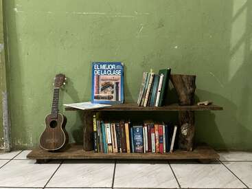 La imagen muestra una estantería rústica de madera contra una pared verde, con un ukelele, un libro titulado "EL MEJOR DE LA CLASE" y una colección de libros en dos estantes.