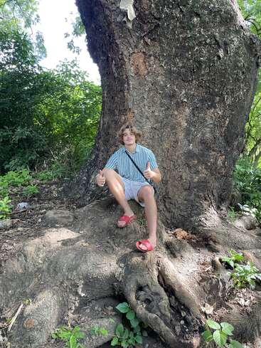Un joven está sentado en las raíces de un gran árbol, dando dos pulgares hacia arriba, vestido con una camisa de rayas, pantalones cortos blancos y sandalias rojas, rodeado de exuberante vegetación.